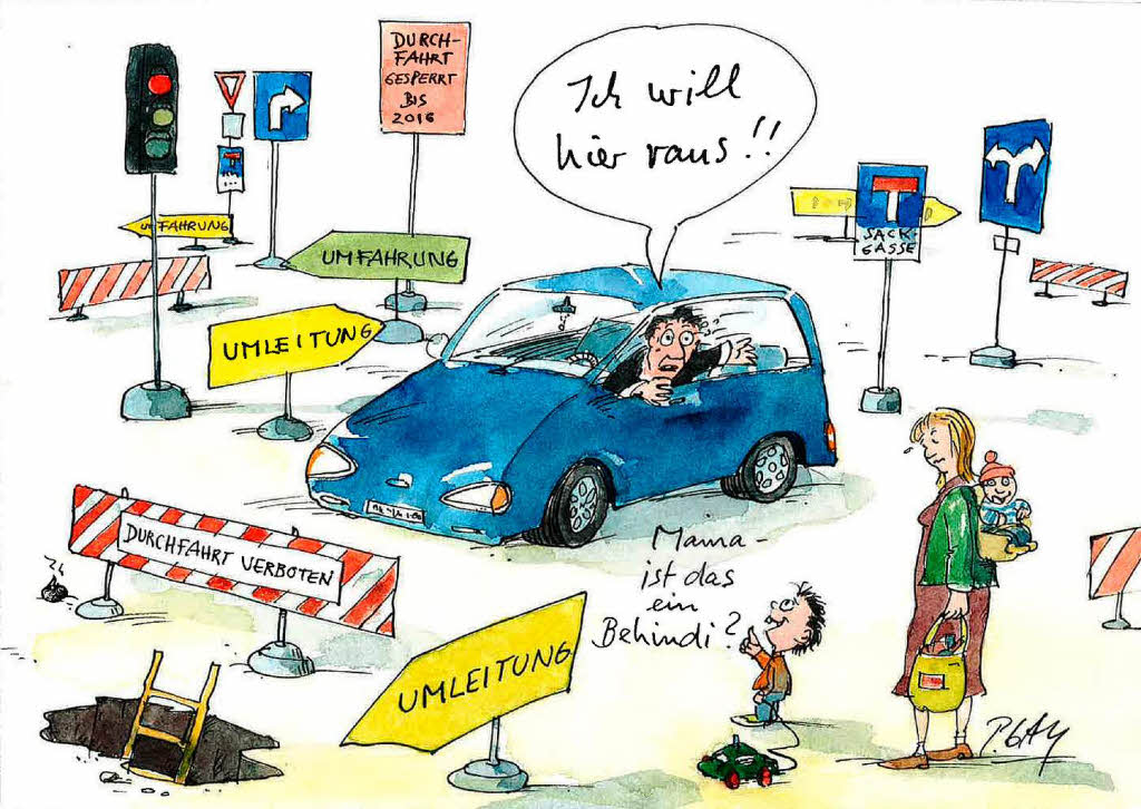 Juli: Sechs Cartoons von Peter Gaymann stehen in der Stadt und verknpfen das Thema Tunnelsperrung mit Behinderung und Inklusion.