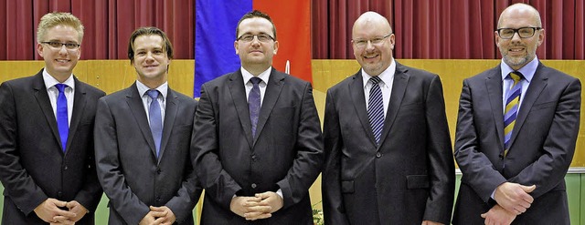 Das Kandidaten-Quintett (von links): K...ann, Michael Paul und Matthias Schwarz  | Foto: Bernhard Rein