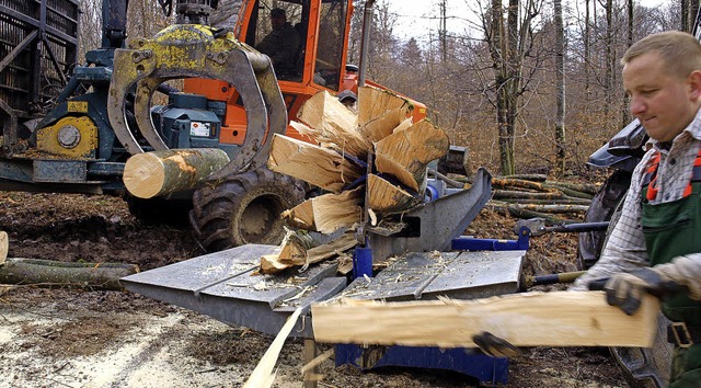 Mit groem Maschineneinsatz verarbeite...l das Holz in sechs Scheite gespalten.  | Foto: Paul Schleer