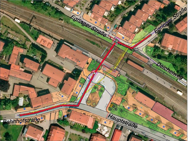 Die rote Linie zeigt den Verlauf der k...erleitung am Bahnhof Efringen-Kirchen.  | Foto: privat