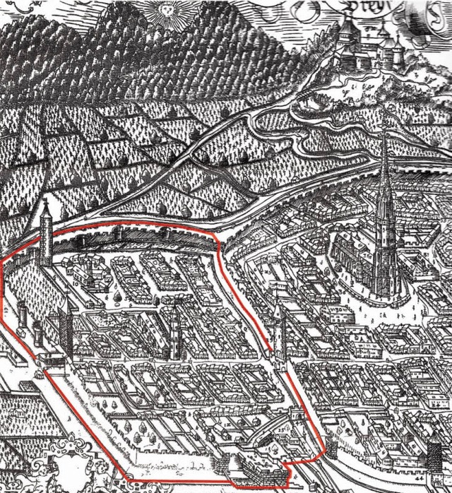 Die Vorstadt &#8222;Neuburg&#8220; (ro...ickinger im Jahre 1589 gezeichnet hat.  | Foto: grafik