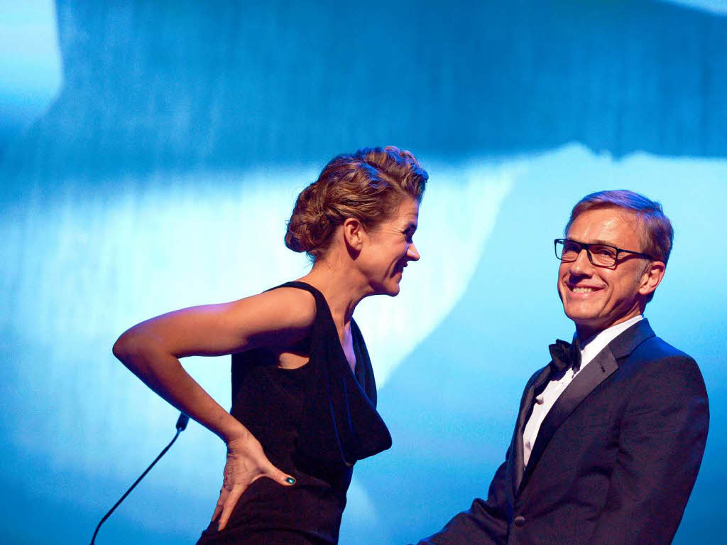 Die Moderatorin Anke Engelke und der sterreichische Schauspieler Christoph Waltz