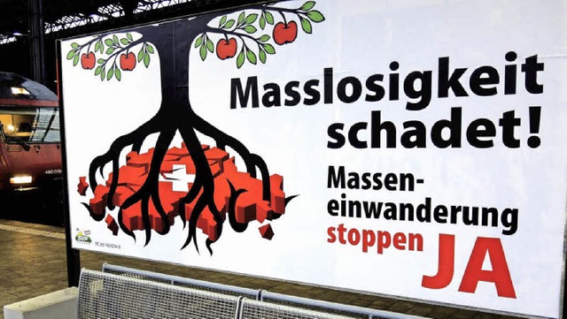 Mit solchen Plakaten, wie hier am Bahn...el wirbt die SVP fr ihre Initiative.   | Foto: dpa