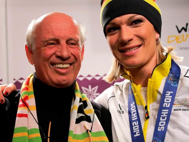 Willy Bogner (links) mit Maria Hfl-Riesch, einem seiner &#8222;Models&#8220;  | Foto: dpa