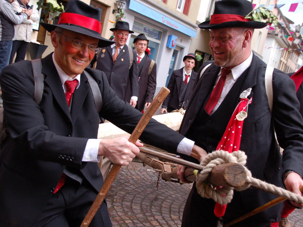 Unter den Augen zahlreichen Zaungste stellten die Wlder am 1. Faien den Narrenbaum auf dem Bad Sckinger Mnsterplatz