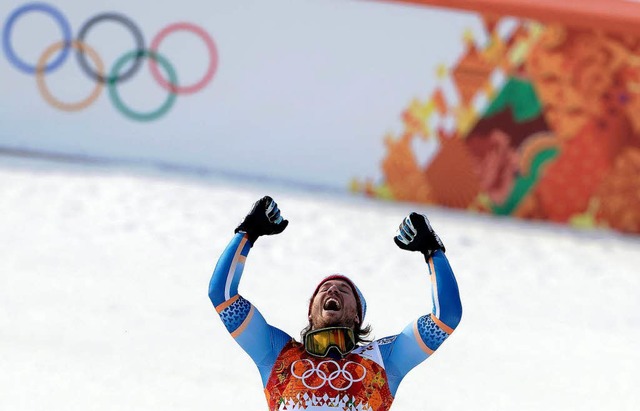 Der norwegische Skirennlufer Kjetil J...reut sich in Sotschi ber seinen Sieg.  | Foto: dpa