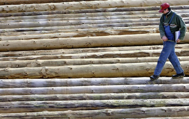 Ein Arbeiter geht ber entrindete Fich... als Bauholz vermarkteten Einschlags.   | Foto: DPA