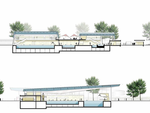 Der Blick von Osten in die  Hallen des knftigen Offenburger Freizeitbades.  | Foto: 4a Architekten/Jetter Landschaftsarchitekten