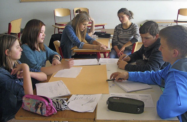 Die Schler besprechen die Regeln des Streitschlichtens.  | Foto: Lisa-Marie Heins