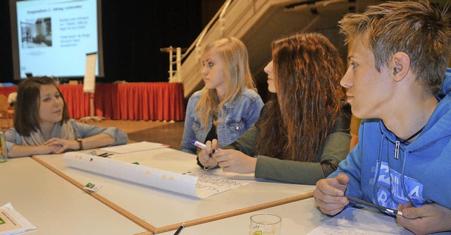 Sophie Scheller (links) mit Neuntklss...beim Planspiel Wahlingen im Brgersaal  | Foto: Peter Gerigk