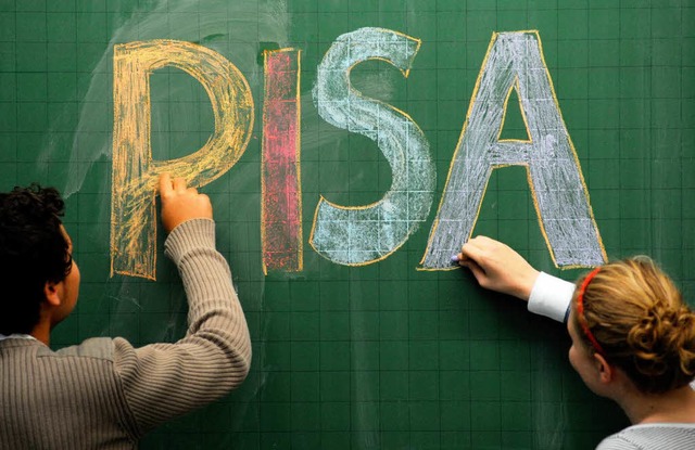 Gymnasiasten malen das Wort Pisa an eine Tafel.   | Foto: dpa