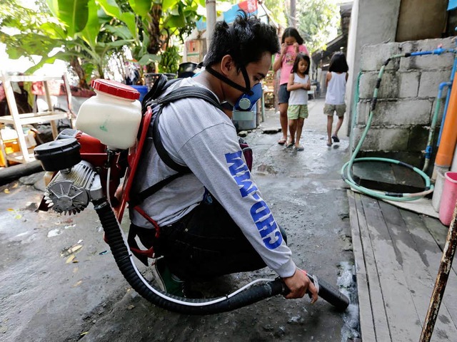 Die Behrden auf den  Philippinen gehe...ilfe von Chemikalien gegen Mcken vor.  | Foto: dpa