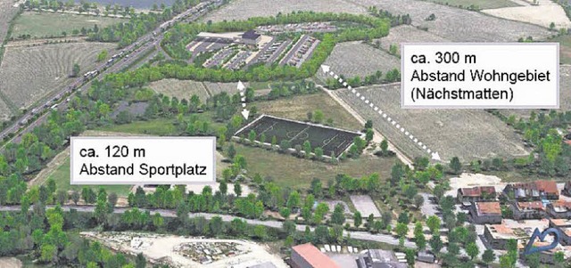 Die geplante Raststtte (hinten als Bi...an der A 5 (links) angerechnet wrden.  | Foto: regierungsprsidium freiburg