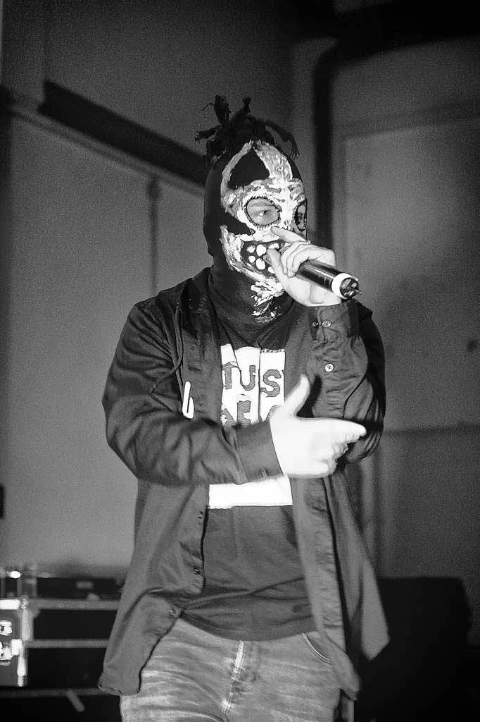 Mit Voodoo-Masken vor dem Gesicht heizte das Rap-Duo dem Publikum in der Brauerei Ganter ein.