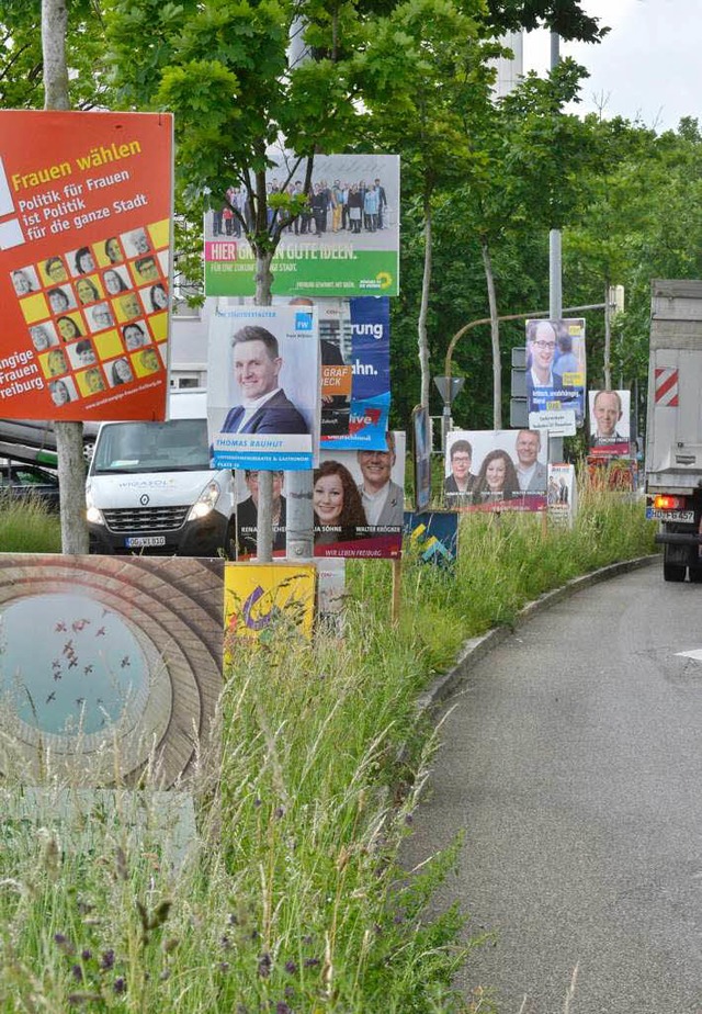 Kopf an Kopf stehen die Plakate an der Eschholzstrae.  | Foto: M. Bamberger