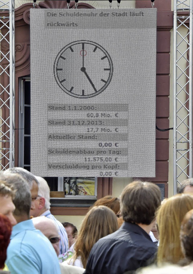 Ausgetickt: Offenburgs Schuldenuhr ste...ifall bei einem Fest vor dem Rathaus.   | Foto: Fotos: DPA/Seller