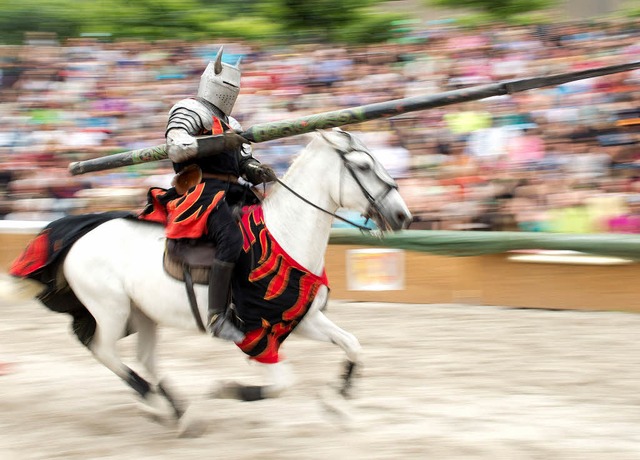 Mit vollem Galopp voraus: ein Teilnehm...onellen Ritterspiele in Horb am Neckar  | Foto: dpa