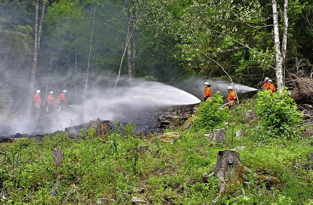 Einsatzkrfte deckten die Brandflche intensiv mit Wasser ab.   | Foto: hd