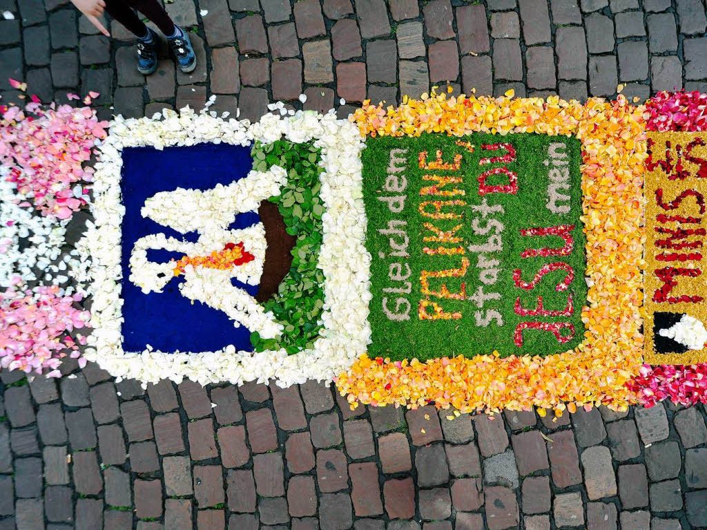 Fronleichnamsprozession in Freiburg, hier Bltenteppich mit dem Motto "Gleich dem Pelikane starbst Du Jesu mein" in der Rathausgasse
