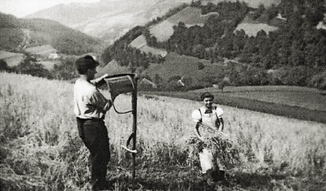 Rosa Disch und Alois Disch beim Getreidemhen um 1949/50.   | Foto: privat
