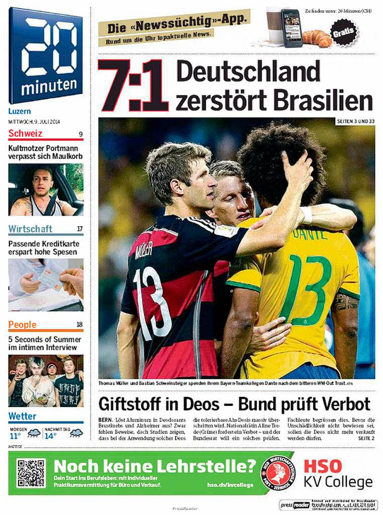 „Deutschland zerstrt Brasilien“ - 20 Minuten, Schweiz