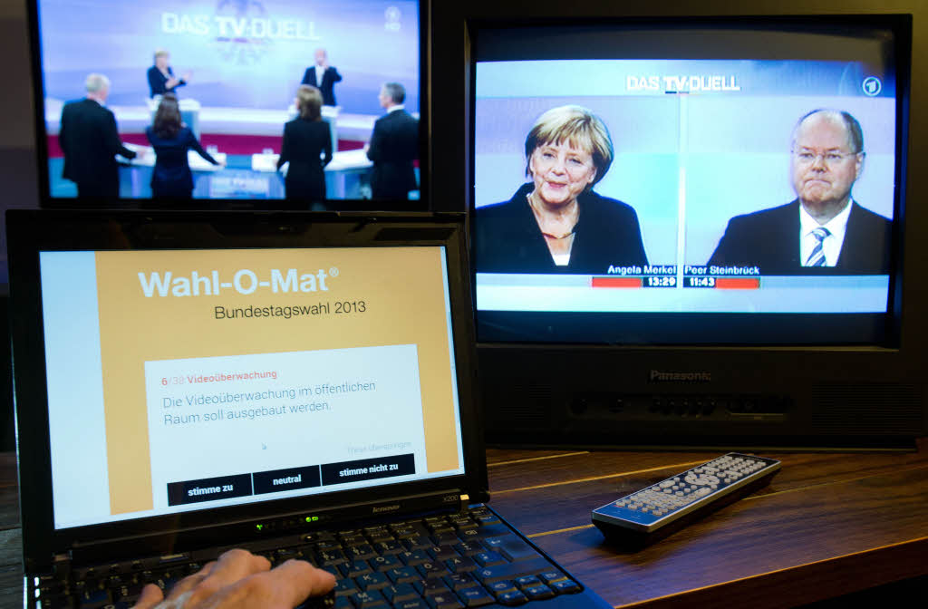 2013 geht Merkel in das TV-Duell mit SPD-Kanzlerkandidat Per Steinbrck.  Der Ausgang des Duells ist nicht eindeutig.