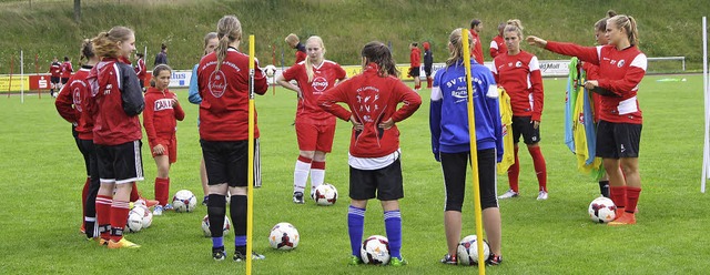 Die Bundesligistinnen des SC Freiburg ...uballerinnen in ihren Stationen ein.   | Foto: Inken Kramer