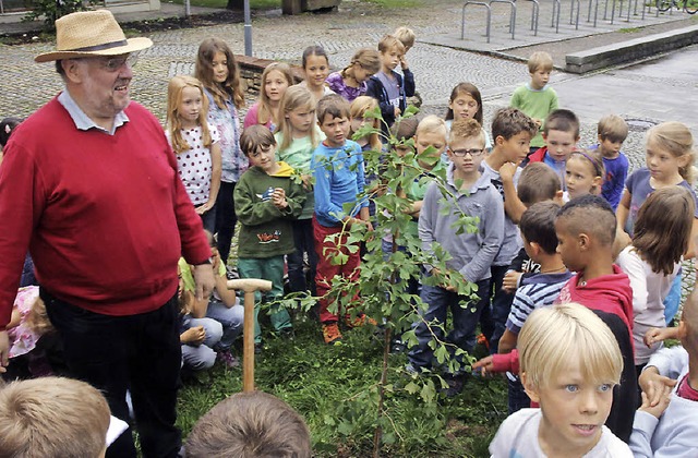 Von den Schlern wurde Hans-Ulrich Leh... Gingko-Baum vor der Schule pflanzen.   | Foto: Frowalt Janzer/Andrea gallien