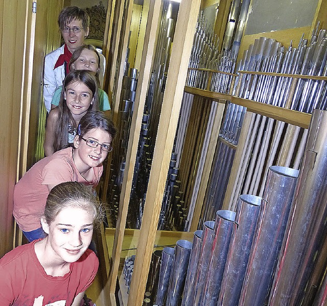 Im Inneren der Orgel in der Pfarrkirche St. Gallus mit Tobia Fischer (hinten).   | Foto: frank leonhardt