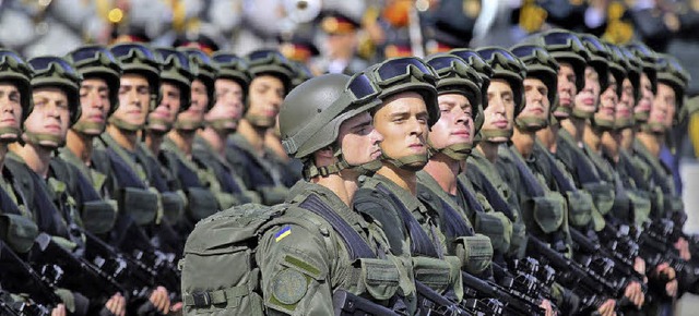Stramm und fr die meisten Zuschauer d...krainische Soldaten whrend der Parade  | Foto: dpa
