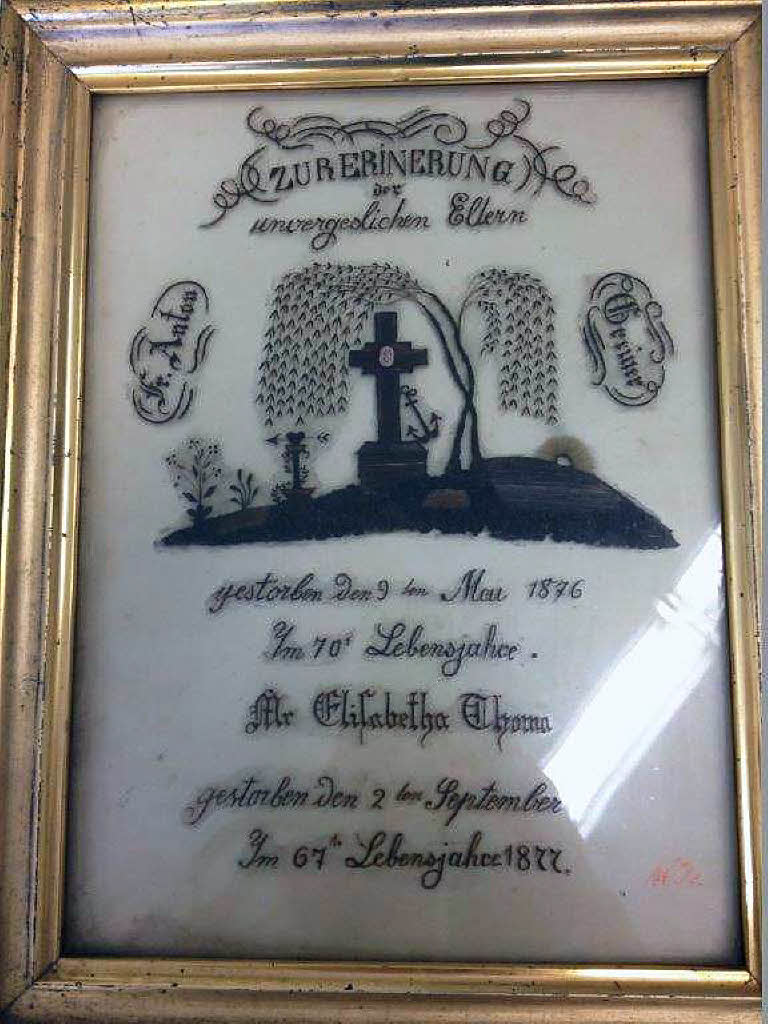 Ein Haarbild zu Andenken und zu Ehren verstorbener Eltern, geschaffen 1877, von Dr. Konrad Krn an das Heimatmuseum gegeben