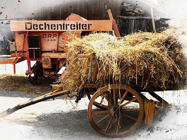 Reiner Bauer: Die alte Dechentreiter Dreschmaschine, davor ein Wagen mit Hafer - fotografiert in Welmlingen