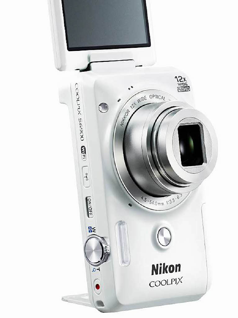 Der Selfie-Stnder funktioniert auch im Querformat: Die Nikon Coolpix S6900 (249 Euro).