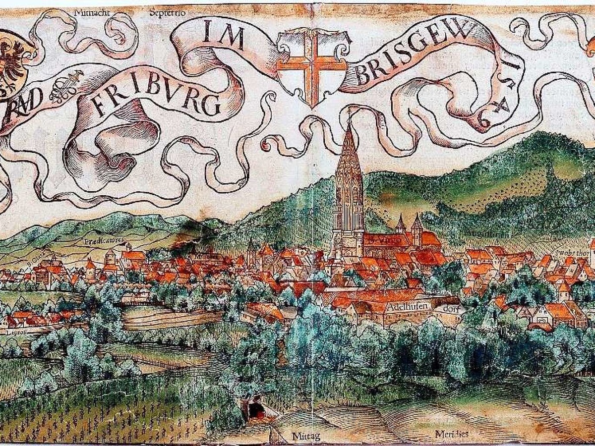 Auf einer Stadtdarstellung aus dem 16. Jahrhundert ist der Freiburger Mnsterturm in einer XXL-Version abgebildet. Der Holzschnitt von Hans Rudolf Manuel aus dem Jahr 1549 zeigt den Blick auf Freiburg aus Richtung Sden.