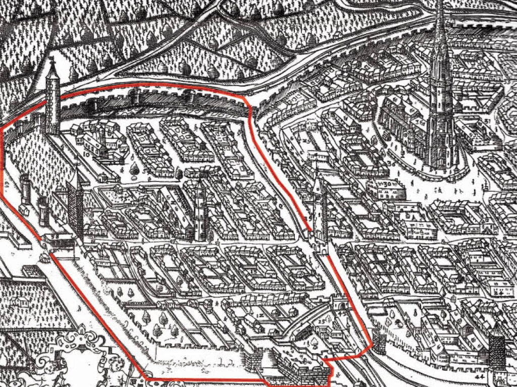 Die Vorstadt „Neuburg“ (rot umrandet), wie sie Gregorius Sickinger im Jahre 1589 gezeichnet hat.