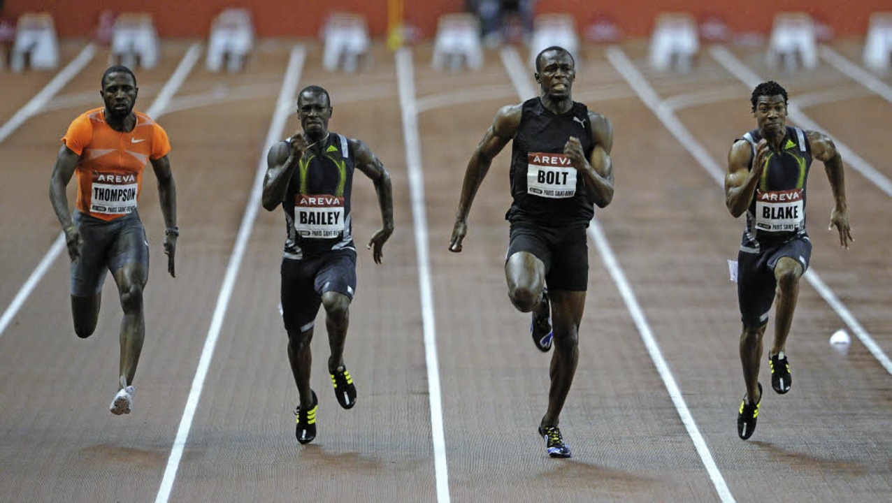 Hier gewinnt Usain Bolt. Beim Klimasch...ten alle gemeinsam durchs Ziel gehen.   | Foto: AFP