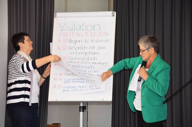 Maria Deschler (rechts) und Brbel Eck... Pfarrversammlung ber die Visitation.  | Foto: Martina Weber-Kroker