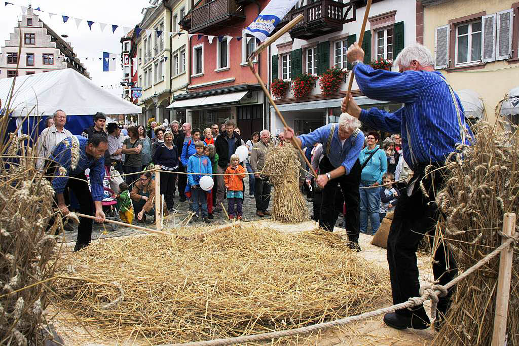 Alemannischer Brotmarkt in Endingen: Die Drescher vom Musikverein Amoltern waren eine echte Attraktion.