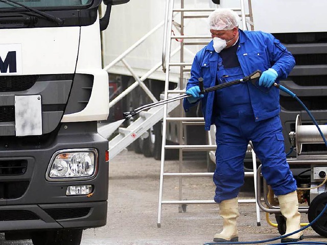 Bei der Ausfahrt aus dem Betrieb in Heinrichswalde wird ein Lkw desinfiziert.   | Foto: dpa