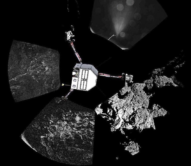 Eine Illustration der Sonde auf einem von Philae gemachten Foto.     | Foto: ESA/Rosetta/Philae/CIVA/dpa