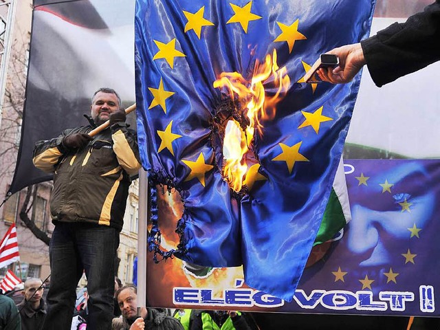 Ungarische Nationalisten der Jobbik-Partei verbrennen eine Europa-Flagge.   | Foto: dpa