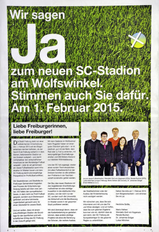 Ja zum neuen SC-Stadion: Die Brosch...nen, CDU, SPD, Freien Whlern und JPG   | Foto: thomas kunz