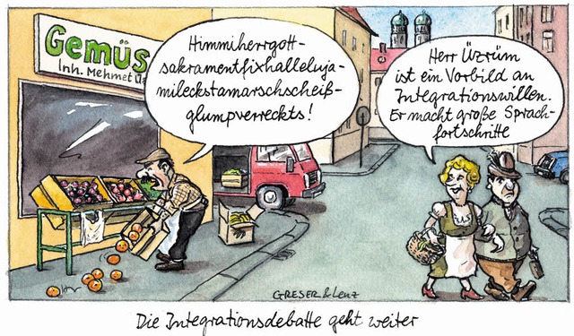 Zugespitzt: die Integrationsdebatte in einer Karikatur   | Foto: Greser &amp; Lenz