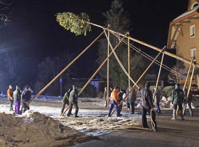 Und hopp: Mit voller Manneskraft wurde der Narrenbaum in die Hhe gehievt.   | Foto: Verena Wehrle