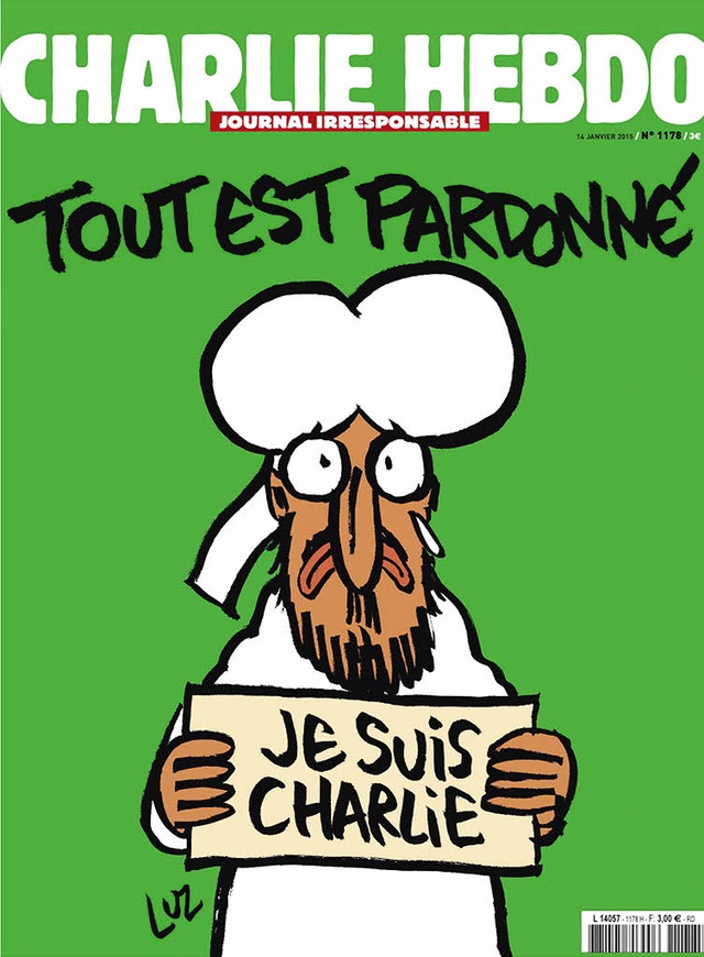 Titelbild von Charlie Hebdo:  Der  Pro... pardonn&#8220; (Alles ist vergeben).  | Foto: dpa