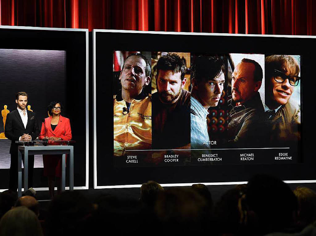 Die Bekanntgabe der Nominierten in der Kategorie „Bester Hauptdarsteller“: Steve Carell, Bradley Cooper, Benedict Cumberbatch, Michael Keaton und Eddie Redmayne.