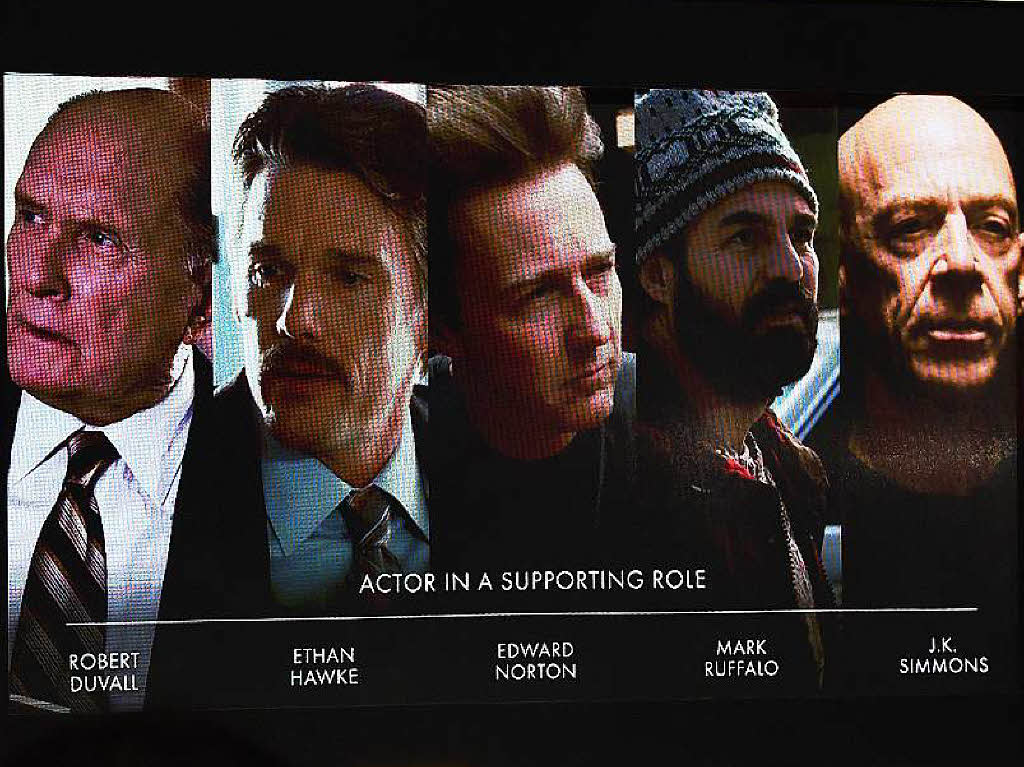 Die Nominierten in der Kategorie „Bester Nebendarsteller“: Robert Duvall, Ethan Hawke, Edward Norton, Mark Ruffalo und J.K. Simmons