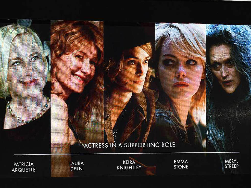 Die Nominierten in der Kategorie „Beste Nebendarstellerin“: Patricia Arquette, Laura Dern, Keira Knightley, Emma stone und Meryl Streep.