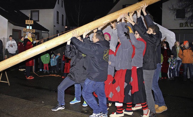 Mit vereinten Krften wurde der Guggenbaum in Ringsheim gestellt.   | Foto: Adelbert Mutz