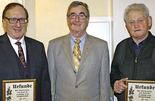 Hansfrieder Geugelin (Mitte) ernannte ...und Ernst Schwarz zu Ehrenmitgliedern.  | Foto: Reinhard Cremer